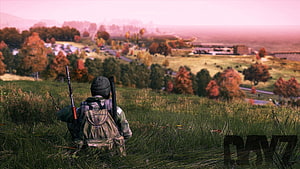 DayZ Survival Scene: Soldier with Rifle and Backpack in Autumn Grassland HD wallpaper