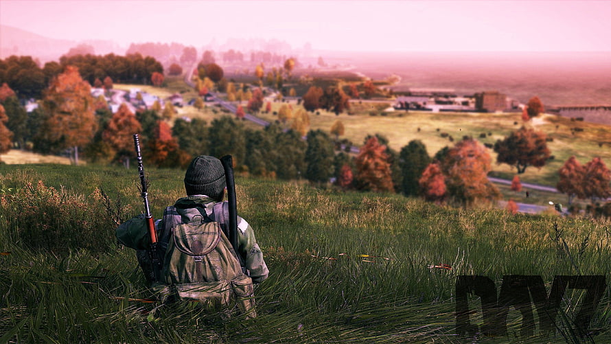 DayZ Survival Scene: Soldier with Rifle and Backpack in Autumn Grassland HD wallpaper