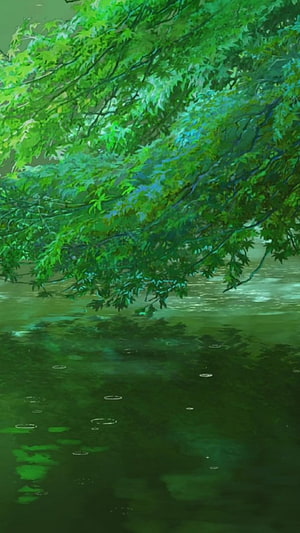 Garden of Words Rainy Pond Scene with Lush Green Foliage and Water Ripples HD phone wallpaper