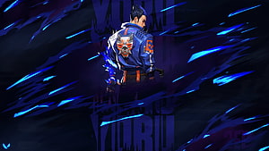 Yoru from Valorant in a dark blue jacket with glowing blue energy effects and a fox mask emblem HD wallpaper