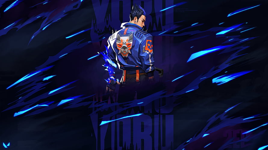 Yoru from Valorant in a dark blue jacket with glowing blue energy effects and a fox mask emblem HD wallpaper