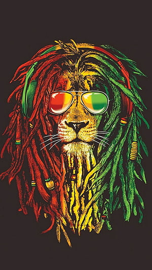 Rasta Lion Digital Art with Dreadlocks, Sunglasses, and Headphones in Reggae Colors HD phone wallpaper