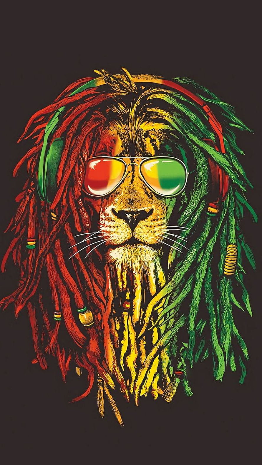 Rasta Lion Digital Art with Dreadlocks, Sunglasses, and Headphones in Reggae Colors HD phone wallpaper