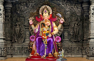 Lalbaugcha Raja Ganesh Chaturthi Murti in Purple Drape with Temple Carvings HD wallpaper