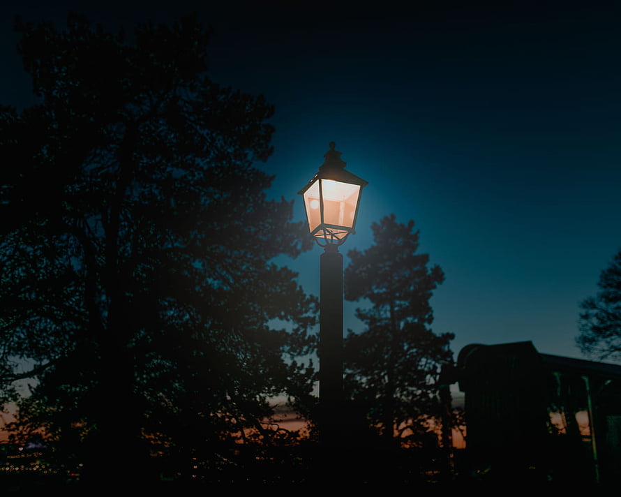Glowing vintage street lamp at dusk with silhouetted pine trees and twilight sky HD wallpaper