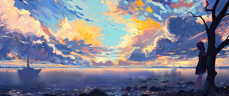 Anime Girl Leaning on Tree Watching Sunset Over Calm Sea with Sailboat HD wallpaper