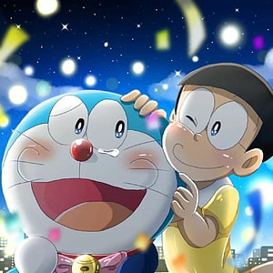 Doraemon and Nobita Sharing a Joyful Moment Under a Starry Night Sky HD phone wallpaper