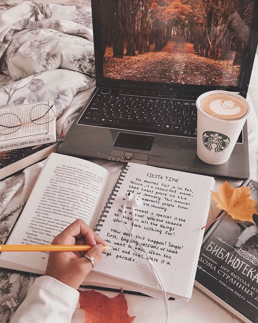 Cozy Autumn Study Setup with Laptop, Coffee, and Handwritten Notes HD phone wallpaper