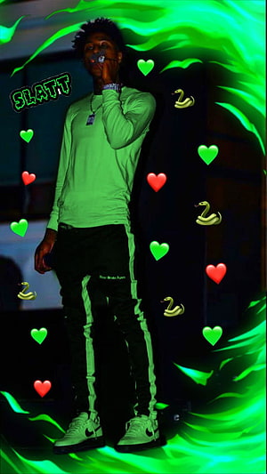 NBA YoungBoy Slang in Green Streetwear with Snake and Heart Emojis HD phone wallpaper
