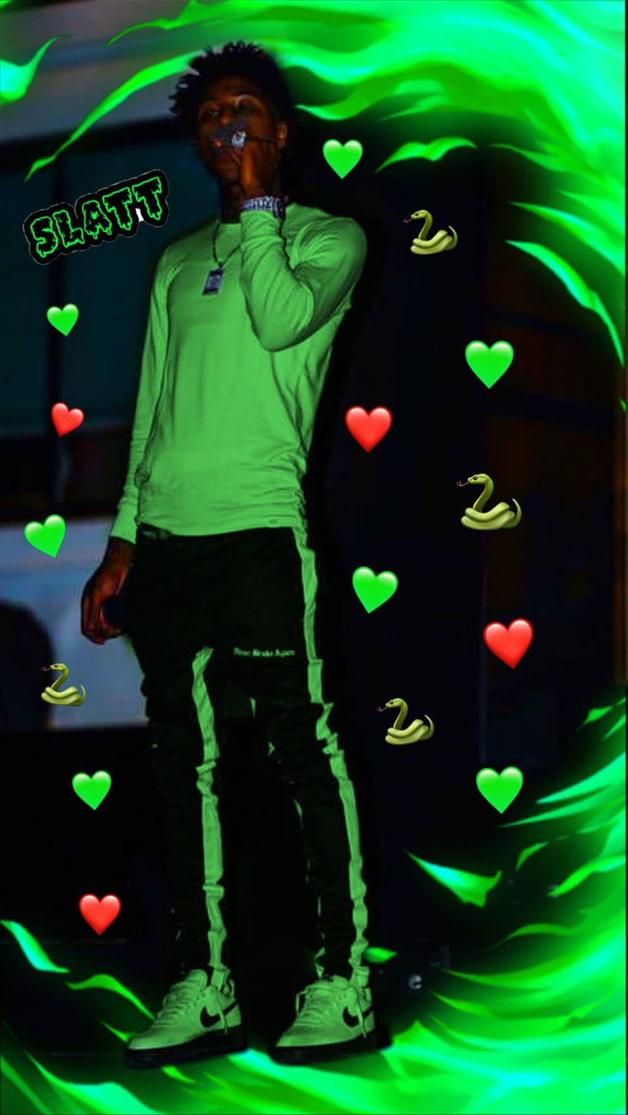 NBA YoungBoy Slang in Green Streetwear with Snake and Heart Emojis HD phone wallpaper