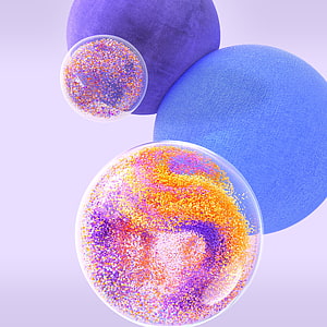 Abstract 3D Render of Glowing Spheres with Vibrant Particle Clusters on a Soft Lavender Background HD phone wallpaper