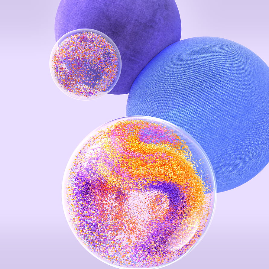 Abstract 3D Render of Glowing Spheres with Vibrant Particle Clusters on a Soft Lavender Background HD phone wallpaper