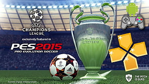 PES 2015 Pro Evolution Soccer with UEFA Champions League Trophy and Ball on Stadium Pitch HD wallpaper