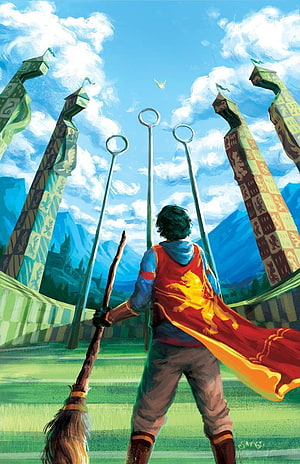 Harry Potter Quidditch Seeker in Gryffindor Robes Facing the Three Golden Snitches HD phone wallpaper