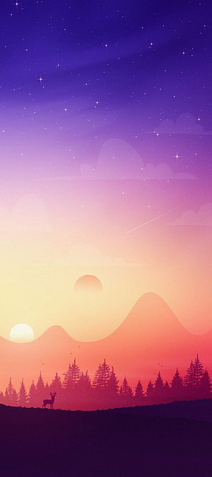 Starry Night Mountain Valley with Deer Silhouette and Pine Forest HD phone wallpaper