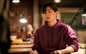 Song Kang in Purple Hoodie at Desk in Nevertheless HD wallpaper