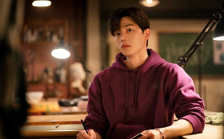 Song Kang in Purple Hoodie at Desk in Nevertheless HD wallpaper