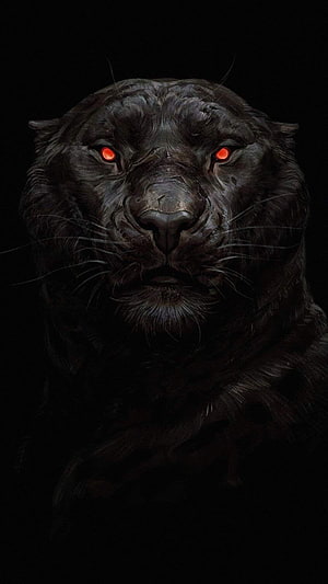 Black Panther with Glowing Red Eyes in Dark Portrait HD phone wallpaper