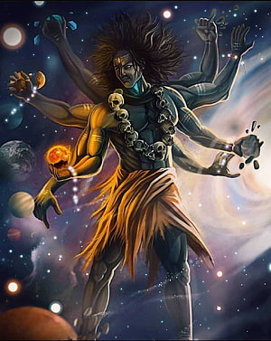 Kaal Bhairava Cosmic Deity with Skull Garland and Multiple Arms in Space HD phone wallpaper