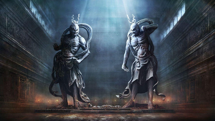 Hokuto Renkitoza Statues in a Grand Temple Hall from Hokuto no Ken HD wallpaper