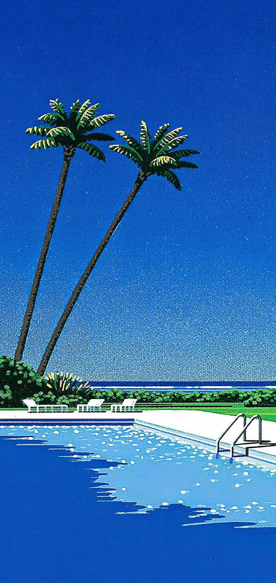 Hiroshi Nagai Tropical Pool Scene with Leaning Palm Trees and Ocean Horizon HD phone wallpaper