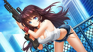 Anime Sniper Girl with Rifle on Rooftop Against Blue Sky HD wallpaper