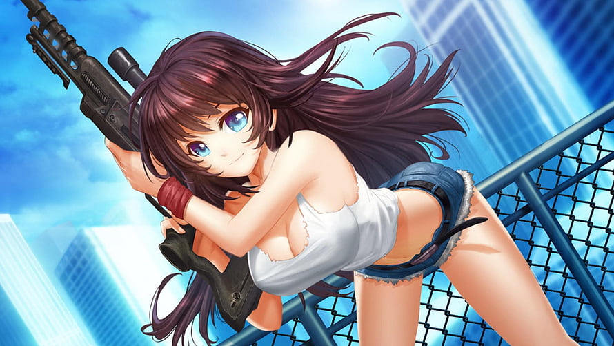 Anime Sniper Girl with Rifle on Rooftop Against Blue Sky HD wallpaper