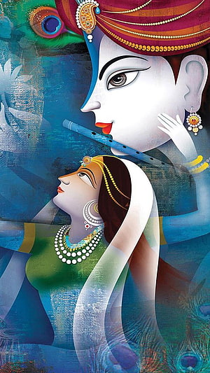 Radha Krishna Devotional Art with Flute and Peacock Feather HD phone wallpaper