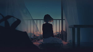 Anime Girl Sitting on Balcony at Dusk with City Skyline View HD wallpaper