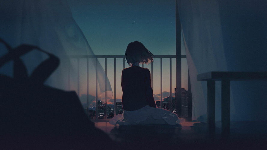 Anime Girl Sitting on Balcony at Dusk with City Skyline View HD wallpaper