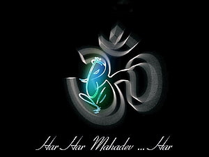 Glowing Om Symbol with Shiva Figure and Har Har Mahadev Text on Black Background HD wallpaper