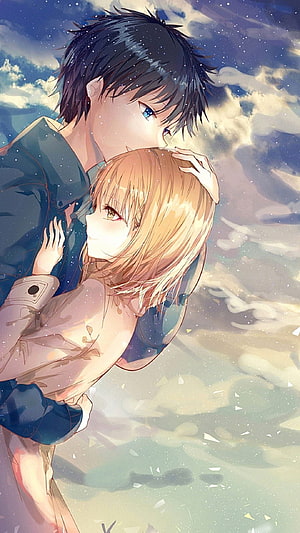 Tender Anime Couple Embrace Under a Dreamy Cloudy Sky HD phone wallpaper