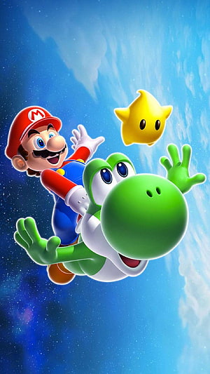 Mario Riding Yoshi Through a Starry Sky with a Power Star HD phone wallpaper