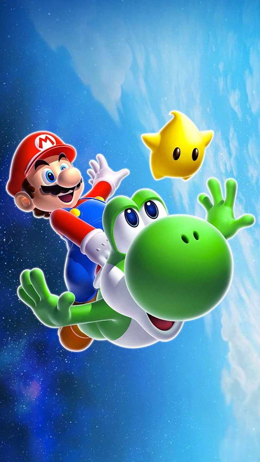 Mario Riding Yoshi Through a Starry Sky with a Power Star HD phone wallpaper