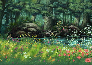 Studio Ghibli Style Forest Stream With Wildflowers And Mossy Rocks HD wallpaper