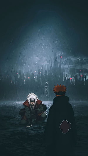 Naruto Shippuden: Pain and Itachi Uchiha Confrontation in the Rain HD phone wallpaper