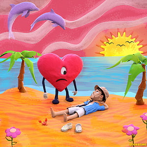 3D Illustration of a Sad Heart Character and Man on a Tropical Beach HD phone wallpaper