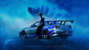 Paul Walker with Nissan Skyline R34 and Godzilla in Blue Mist HD wallpaper