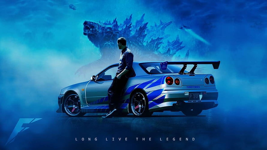 Paul Walker with Nissan Skyline R34 and Godzilla in Blue Mist HD wallpaper