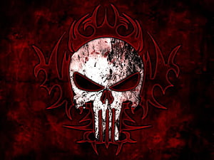Gothic Totenkopf Skull Emblem with Tribal Flame Motifs on Dark Red Background HD wallpaper