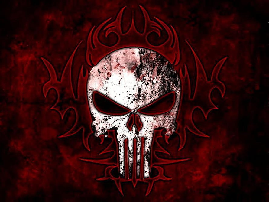 Gothic Totenkopf Skull Emblem with Tribal Flame Motifs on Dark Red Background HD wallpaper