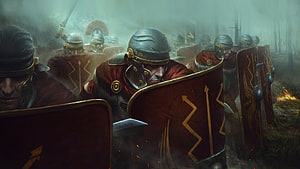 Roman Legionaries in Battle Formation with Shields and Helmets in Misty Battlefield Artwork HD wallpaper