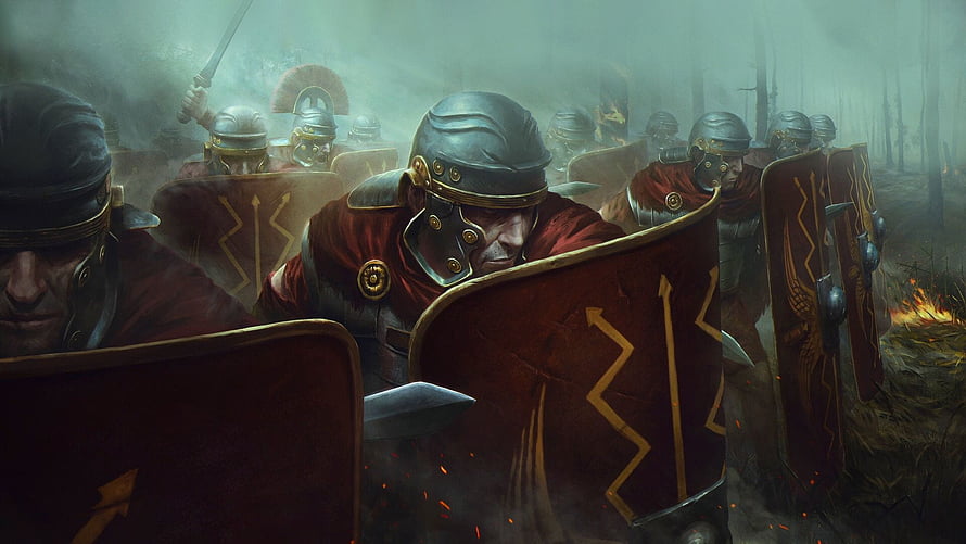Roman Legionaries in Battle Formation with Shields and Helmets in Misty Battlefield Artwork HD wallpaper