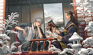 Jujutsu Kaisen Geto Suguru and Gojo Satoru Sharing Tea in a Snowy Japanese Garden HD wallpaper