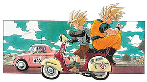 Dragon Ball Z manga art of Son Goku and Son Gohan riding a scooter with Bulma in a Capsule Corp car HD wallpaper