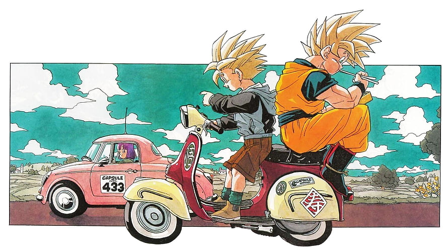 Dragon Ball Z manga art of Son Goku and Son Gohan riding a scooter with Bulma in a Capsule Corp car HD wallpaper