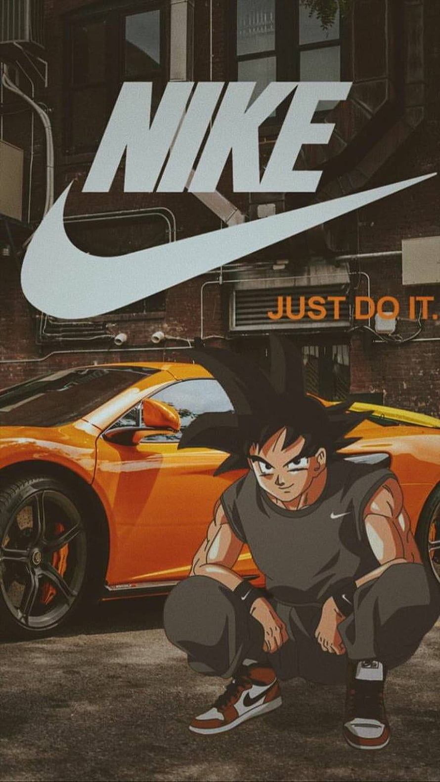 Goku in Nike Streetwear Crouching Before an Orange Sports Car HD phone wallpaper