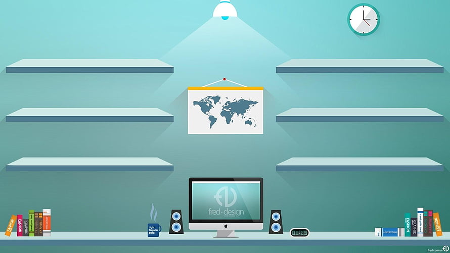 Minimalist Teal Home Office with Floating Shelves and World Map HD wallpaper
