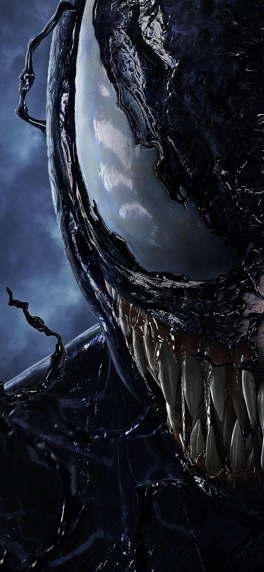 Venom Close-Up Portrait with Glowing Eyes and Sharp Teeth in Dark Cinematic Style HD phone wallpaper
