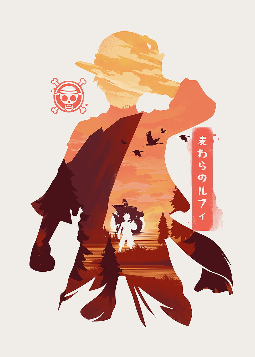Straw Hat Luffy Double Exposure Artwork with Forest and Ship Silhouette HD phone wallpaper